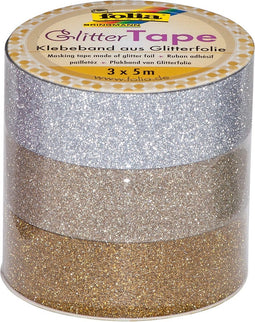 Folia glittertape zilver en goud rolletje met 3 stuks