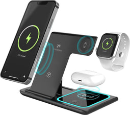 iMoshion 3 in 1 Draadloze Oplader - Opvouwbare Wireless Charger 15 W - Geschikt voor Smartphones en Earbuds met Draadloze Oplaadfunctie - Alleen geschikt voor Apple Watch - Zwart