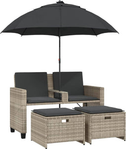 vidaXL - Tuinbank - 2-zits - parasol - en - voetenbanken - poly - rattan - lichtgrijs