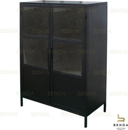 Besi Vitrinekast met 2 Glazen Deuren 130cm Hoog - Zwarte Vitrinekast Klein - Industrieel - Zwarte Kast met Glazen Deuren - Servies Kast - Metalen Kast - Vitrinekast 90cm Breed - Lage Vitrine Kast Zwart - Vitrine cabinet