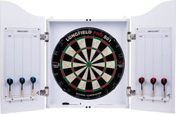 Longfield Darts - Houten cabinet - Dartbord 6 Steeltip pijlen Whiteboard + marker - Kleur Wit - Hout Fineer