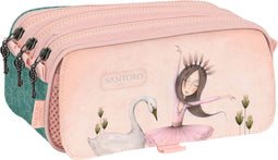 Pennenetui met 2 vakken Santoro Swan lake Grijs Roze 21,5 x 10 x 8 cm