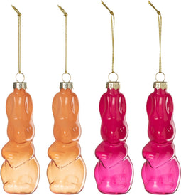 J-Line doos van 4 Konijnen Hanger - glas - oranje/roze - assortiment Van 2