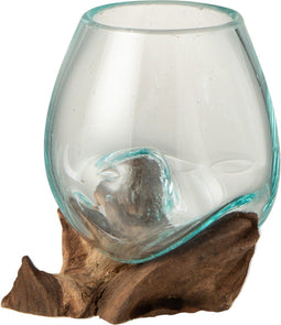 J-Line vaas op voet Gamal - hout/glas - naturel/transparant - small - Ø 10 cm