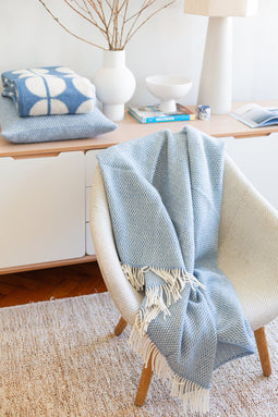 Funky Doris Fanny Wool Blanket Blue. Preorder for delivery beg of Oct