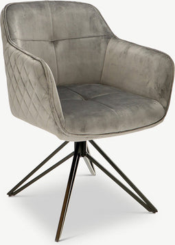 Furnicher Venice Eetkamerstoel - Fluwelen bekleding - Modern design - Stalen frame - Grijs fluweel - Zwarte poten - Draaibare eetkamerstoel