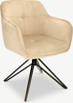 Furnicher Venice Eetkamerstoel - Fluwelen bekleding - Modern design - Stalen frame - Beige fluweel - Zwarte poten - Draaibare eetkamerstoel