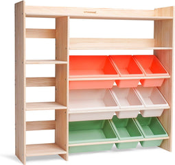WonderMind Montessori Speelgoedkast - Massief 100% Hout - 9 Opslagbakken & Boekenplanken - W116 × H112 × D30cm