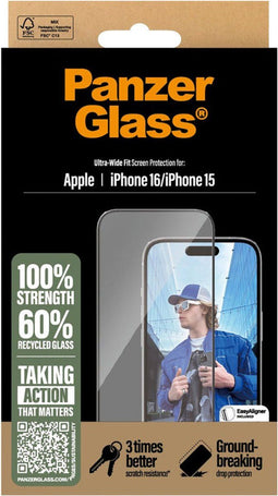 PanzerGlass iPhone 16 - Gehard Glas Screenprotector - Ultra-Wide Fit (Apple - iPhone 16, Apple - iPhone 15)