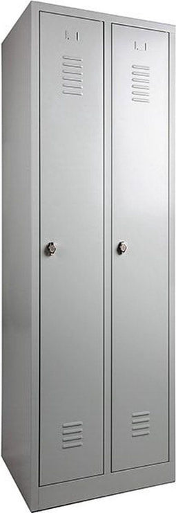 Garderobekast voorzien van legborden in alle kolommen Aantal deuren 2 Aantal legborden 8 Breedte 60CM Hoogte 190CM Kleur frame Wit (RAL9010) Soort poot Met pootje Slot Met sleutel en cilinderslot