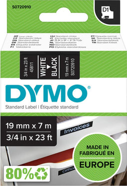 DYMO D1 - Labeltape - 19 mm x 7 m - Wit op Zwart (1 stuk)