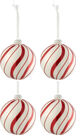 J-Line kerstbal Draaiende Lijnen Blinkend - glas - rood/wit - medium - doos van 4