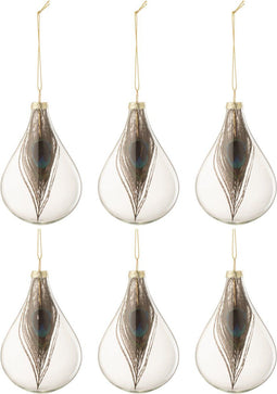 J-Line kerstbal Druppel Pauwenveer - glas - transparant - small - doos van 6