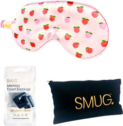 SMUG Slaapmasker met Zwarte Oordopjes en Opbergzakje - 100% Verduisterend - Verstelbaar Oogmasker in Satijn - Peachy Print