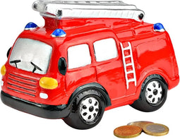 G. Wurm Spaarpot brandweerauto - voor kinderen - keramiek - rood - 16 x 12 x 8 cm