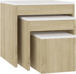 vidaXL - 3-delige - Tafeltjesset - bewerkt - hout - wit - en - sonoma - eikenkleurig