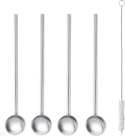 Metaltex 2 in1 drinkrietjes en cocktaillepels Inox, gebogen, roestvrij staal, met reinigingsborsteltje, 5-delig