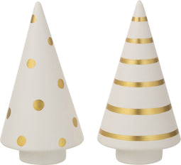J-Line decoratie kerstboom - keramiek - wit/goud - medium - 2 stuks