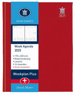 Ryam | Bureau agenda | Weekplan Plus Wit NL Mercury | 2025 | Genaaid gebonden | 170 x 220 mm | 14 mnd | Rood |