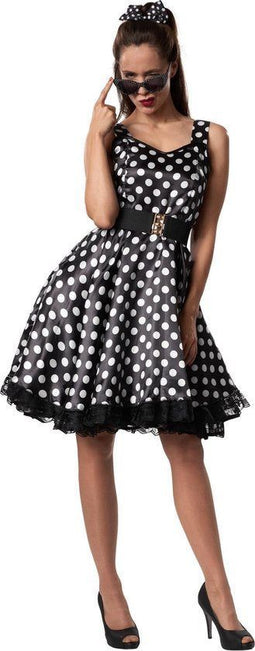 Dressforfun Rockabily lady M - Kostuum - Jaren 50 stijl - Gestipte overgooier met kanten zoom