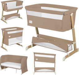 Lionelo Thomi Plus 5in1 - Meegroeibed Co Sleeper Babybed Baby Box Peuterbed Bank - 7 hoogtes - 2x matrassen T25 - Verstelbare Poten - Ademend & Afritsbare Zijkant - Opbergmand - Wielen - Wasbare Bekleding - tot 100 kg - Beige Karamel