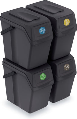 Set van 4x kunststof afvalscheidingsbakken antraciet/donkergrijs van 25 liter - Scheidingsprullenbakken