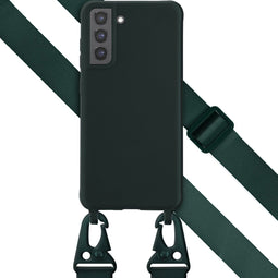 Selencia Hoesje Geschikt voor Samsung Galaxy S21 FE Hoesje Met Koord - Selencia Siliconen hoesje met afneembaar koord - Donkergroen
