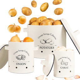 Gadgy Voorraadpotten Set: Aardappelpot en Uienpot en Knoflookpot – 3 Voorraadbussen met Deksel – Aardappelbak - Bewaardoos - Voorraadblikken - Geëmailleerd RVS