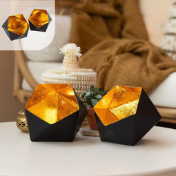 Gadgy Waxinelichthouder Diamant Groot - Theelichthouders Set van 2 - Decoratie Woonkamer - Sfeerverlichting Binnen - Kaarsenhouders voor Waxinelichten 14x15 cm - Windlicht Metaal - Zwart/Goud - Cadeau voor Vrouw