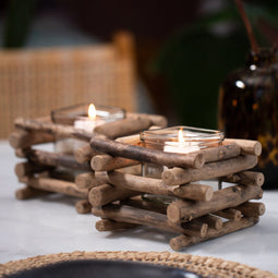 Gadgy Waxinelichthouder Drijfhout - Theelichthouder Set van 2 - Decoratie Woonkamer - Windlicht ook voor kaarsjes - Verlichting 15x15 CM - Valentijn Cadeautje voor Haar