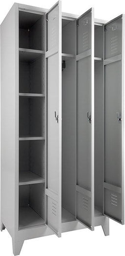 Garderobekast met 4 legborden (linkerkolom) en hoedenplank (rechterkolom) breed 89CM sluiting Met hangoogsluiting aantal deuren 3 framekleur Licht grijs (Ral 7035)