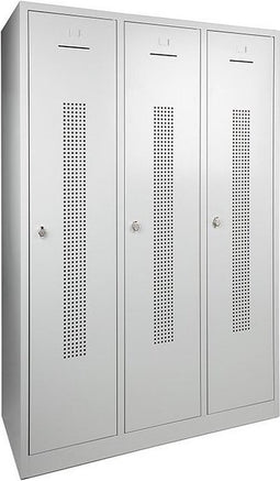 Garderobekast perfo deur breed 89CM .Sluiting Met sleutel en cilinderslot. Aantal deuren 3. Met pootje en kleur deur Lichtgrijs
