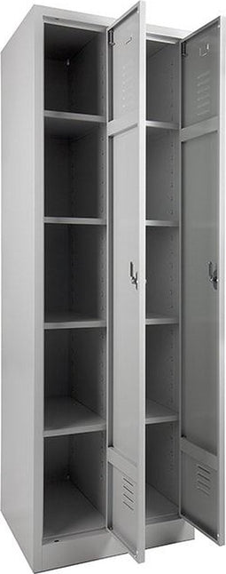 Garderobekast voorzien van legborden in alle kolommen Aantal deuren 2 Aantal legborden 8 Breedte 60CM Hoogte 190CM Kleur frame Licht grijs (Ral 7035) Soort poot Met pootje Slot Met hangoogsluiting