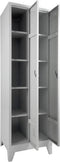 Garderobekast voorzien van legborden in alle kolommen Aantal deuren 3 Aantal legborden 12 Breedte 89CM Hoogte 180CM Kleur frame Wit (RAL9010) Soort poot Op de sokkel Slot Met hangoogsluiting