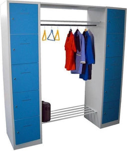 Garderobeset uit 2 lockerkasten grijze deuren met tussenstuk 148 cm breed en hangoogsluiting (excl. hangslot)
