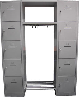 Garderobeset uit 2 lockerkasten grijze deuren met tussenstuk 183 cm breed en hangoogsluiting (excl. hangslot)