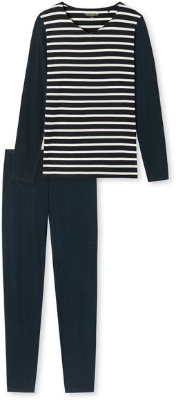 Schiesser Essentials Stripes - Dames Pyjamaset - V-hals met Bretonse strepen - Donkerblauw