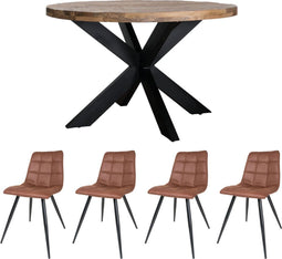 Home67 Set - Eettafel Bob ø130 cm + 4 x Eetkamerstoel Galgary - Cognac
