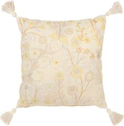 J-Line kussen Vierkant Bloemen + Kwastjes - katoen - lichtgeel