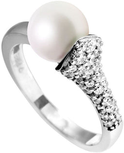 Diamonfire - Zilveren ring met parel Maat 19.5 - Deels pavé bezette band - Wit