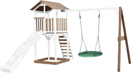 AXI Beach Tower Speeltoestel in Bruin/Wit - Speeltoren met Summer Nestschommel, Witte Glijbaan en Zandbak - FSC hout - Speelhuis op palen voor de tuin