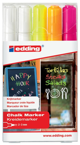 edding 4095 krijtstiften wit 2x, neonroze, neonoranje, neongeel - 5 stuks raamstiften - krijtmarkers - ronde punt 2-3 mm - krijtstift voor krijtborden, uitwisbaar - voor het schrijven op ruiten, glas, spiegels - schudden en pompen voor gebruik