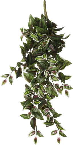 Mica Decorations Tradescantia - Kunst Hangplant - H54 cm met groen-wit patroon en bordeaux rode accenten - Groen