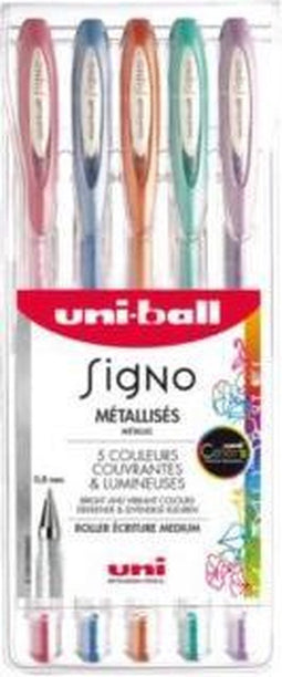 Gelschrijver Uni-ball Signo metallic etui à 5 kleuren