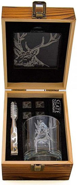 Geschenkset Edelhert met Gegraveerd Whiskyglas Whiskystenen en Onderzetter - Just Slate Company Scotland
