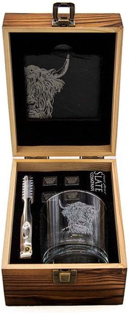 Geschenkset Hooglander met Gegraveerd Whiskyglas Whiskystenen en Onderzetter - Just Slate Company Scotland