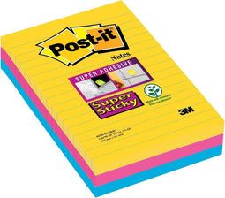 Post-it® Super Sticky Notes, Kleurenset Rio, Canary Yellow™, Mediterraan blauw, Fuchsia, Gelijnd , 101mm x 152mm, 90 blaadjes, 3 blokken
