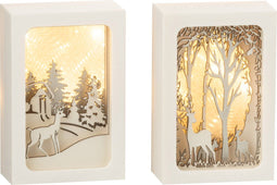 J-Line decoratie kerstdorpje - kader 3D winter - pvc/glas - zilver - 2 stuks - LED lichtjes
