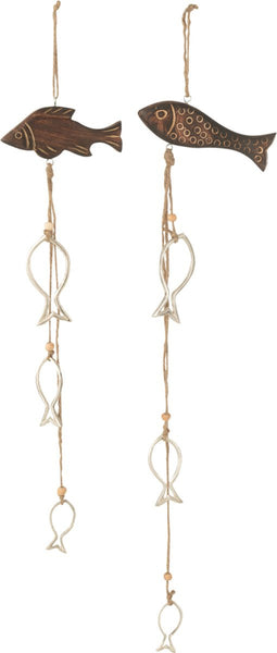 J-Line decoratie Slinger Vis - hout/aluminium - donkerbruin - 2 stuks