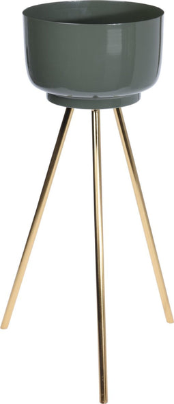 Bloempot op voet groen met gouden voet - metaal - 55 cm - Groene bloempot